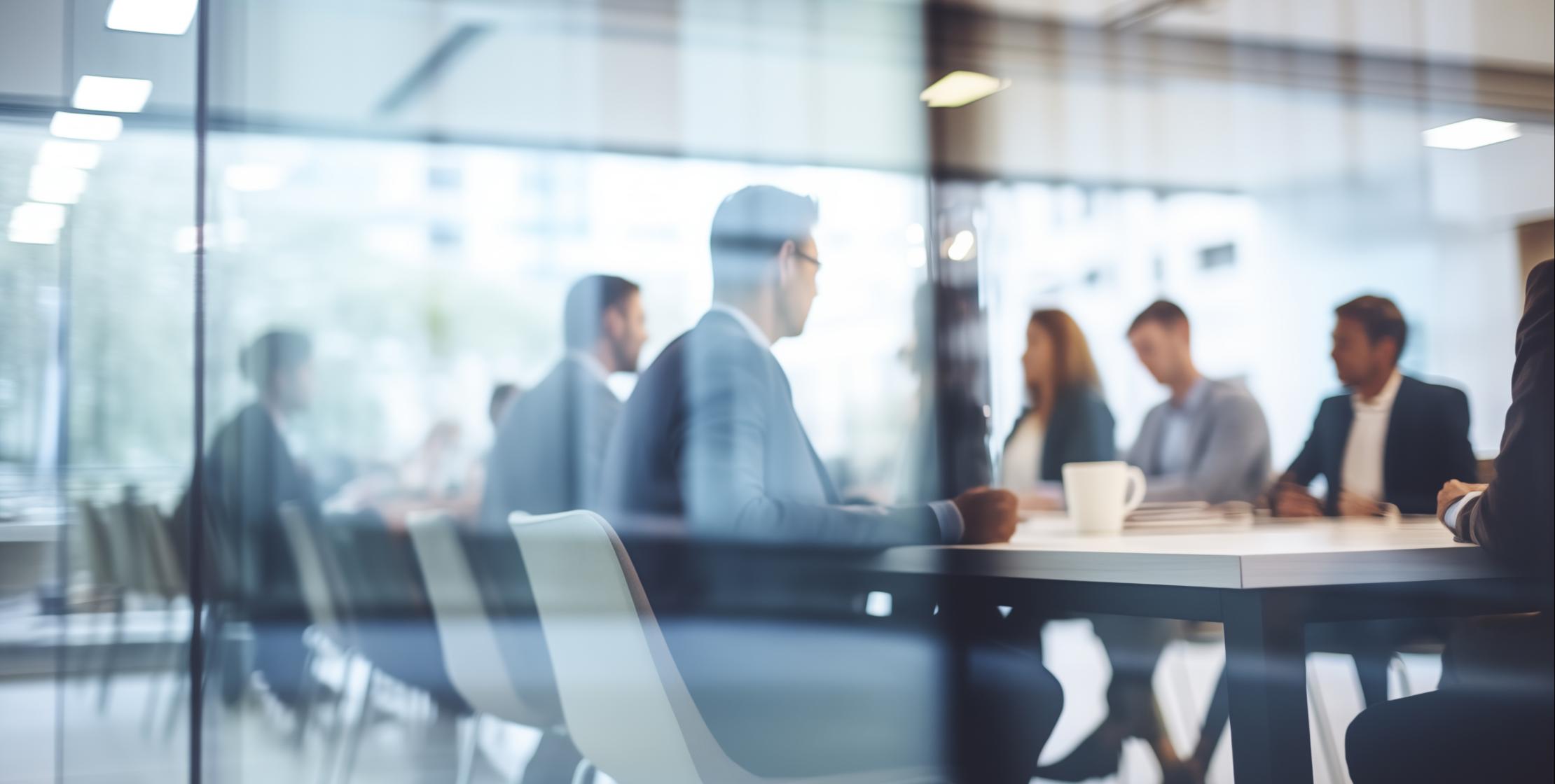 Mehrere Personen sitzen gemeinsam an einem Tisch im Büro und führen ein Gespräch.